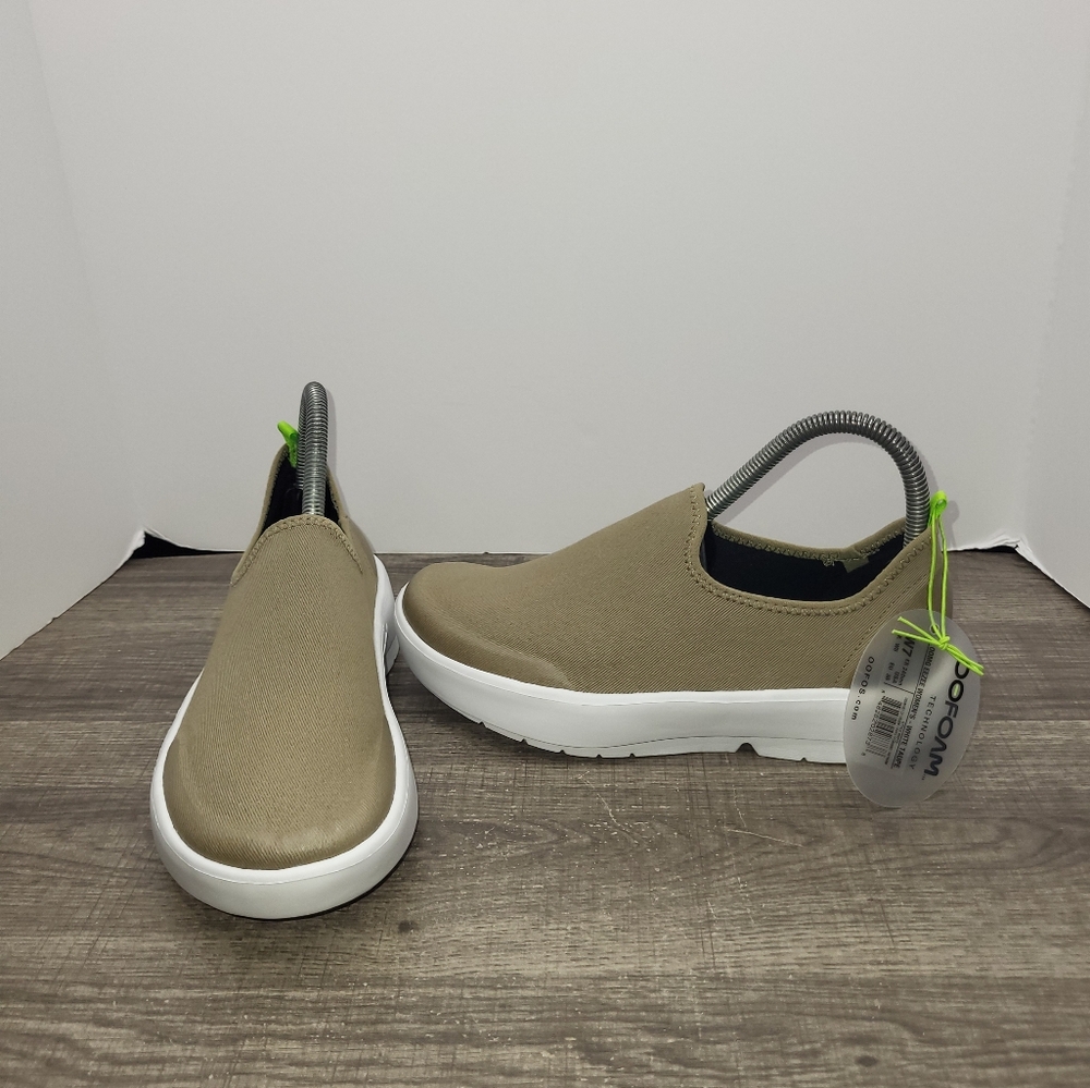 OOFOS Women's Slip-On Athletic Shoes in Khaki with White Soles
